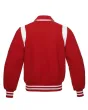 Back side view of Red Retro Varsity Jacket showcasing the clean design with lightweight lining and classic red wool sleeves.
