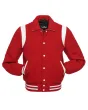 Front view of Red Retro Varsity Jacket featuring a retro collar, vibrant red wool body and sleeves, and contrasting white leather shoulder inserts.