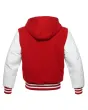Back side view of Red and White Varsity Jacket showcasing the clean design with quilted lining, highlighting the contrast between red wool and white leather sleeves.