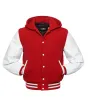 Front view of Red and White Varsity Jacket featuring a hoodie collar, red wool body, and contrasting white leather sleeves.