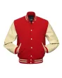 Red Wool and Cream Cowhide Leather American Varsity Jacket - Front View