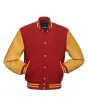 Red Wool and Gold Cowhide Leather American Varsity Jacket - Front View