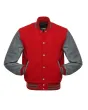 Red Wool and Grey Cowhide Leather American Varsity Jacket - Front View