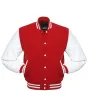 Red Wool and White Cowhide Leather American Varsity Jacket - Front View
