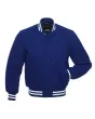 Regal Blue Classic Wool Varsity Jacket: Front view emphasizing the rich hue and classic varsity style, with meticulous craftsmanship and attention to detail.