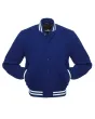 Regal Blue Classic Wool Varsity Jacket: Front view showcasing the deep regal blue wool, highlighted by contrasting stripes on cuffs and hem, featuring an embroidered logo on the chest.