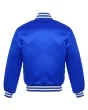 Regal Blue Striped Satin Bomber Jacket: Back view displaying the regal blue satin fabric and the jacket's design elements from behind, featuring its distinct stripes.