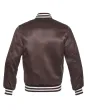 Rich Brown Striped Satin Bomber Jacket: Back view displaying the rich brown satin fabric and the jacket's design elements from behind, featuring its distinct stripes.