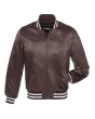 Rich Brown Striped Satin Bomber Jacket: Front view showcasing the rich brown satin fabric with contrasting stripes on cuffs and hem, featuring a stylish bomber design.