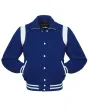 Front view of Royal Blue Retro Varsity Jacket featuring a retro collar, royal blue wool body and sleeves, and contrasting white leather shoulder inserts.