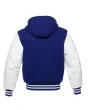 Back side view of Royal Blue and White Varsity Jacket showcasing the clean back design with quilted lining, highlighting the contrast between royal blue wool and white leather sleeves.