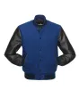 Royal Blue Wool and Black Cowhide Leather American Varsity Jacket - Front View
