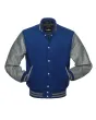 Royal Blue Wool Body American Varsity Jacket with Grey Leather Sleeves - Front View