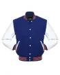 Royal Blue Wool Body American Varsity Jacket with White Leather Sleeves - Front View
