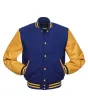 Royal Blue Wool and Gold Cowhide Leather American Varsity Jacket - Front View