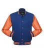 Royal Blue Wool and Orange Cowhide Leather American Varsity Jacket - Front View