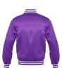Royal Purple Striped Satin Bomber Jacket: Back view displaying the royal purple satin fabric and the jacket's design elements from behind, featuring its distinct stripes.