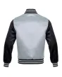 Silver and Black Striped Satin Bomber Jacket: Back view displaying the silver and black satin fabric and the jacket's design elements from behind, featuring its distinct stripes.