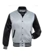 Silver and Black Striped Satin Bomber Jacket: Front view showcasing the sleek silver and black satin fabric with contrasting stripes on cuffs and hem, featuring a stylish bomber design.