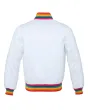 Snowy Rainbow Satin Bomber Jacket: Back view displaying the gradient rainbow effect against the snowy white satin fabric, showcasing the jacket's design and detailing from behind.