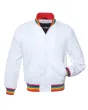 Snowy Rainbow Satin Bomber Jacket: Front view showcasing the snowy white satin fabric with a mesmerizing gradient rainbow sheen, featuring ribbed cuffs and hem.