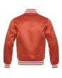 Texas Orange Striped Satin Bomber Jacket: Back view displaying the Texas orange satin fabric and the jacket's design elements from behind, featuring its distinct stripes.