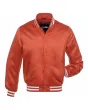 Texas Orange Striped Satin Bomber Jacket: Front view showcasing the vibrant Texas orange satin fabric with contrasting stripes on cuffs and hem, featuring a stylish bomber design.