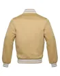 Vegas Gold Striped Satin Bomber Jacket: Back view displaying the vegas gold satin fabric and the jacket's design elements from behind, featuring its distinct stripes.