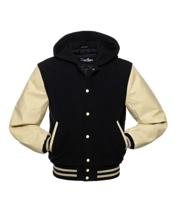 Front view of Black and Cream Varsity Jacket featuring a hoodie collar, black wool body, and sophisticated cream leather sleeves.