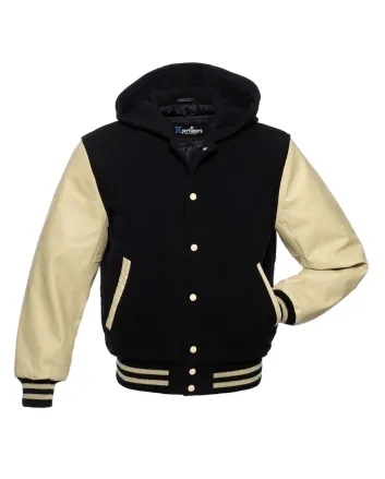 Front view of Black and Cream Varsity Jacket featuring a hoodie collar, black wool body, and sophisticated cream leather sleeves.