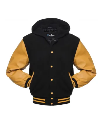 Front view of Black and Gold Varsity Jacket featuring a hoodie collar, black wool body, and opulent gold leather sleeves.