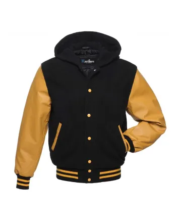 Front view of Black and Gold Varsity Jacket featuring a hoodie collar, black wool body, and opulent gold leather sleeves.