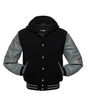 Front view of Black and Grey Varsity Jacket featuring a hoodie collar, sleek black wool body, and refined grey leather sleeves.