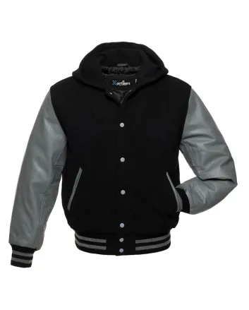 Front view of Black and Grey Varsity Jacket featuring a hoodie collar, sleek black wool body, and refined grey leather sleeves.