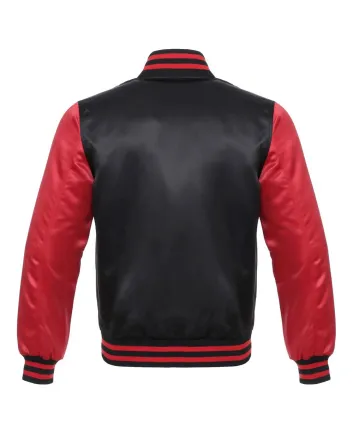 Black & Red Satin Sleeve Bomber Jacket: Front view showcasing a stylish design with black body fabric and vibrant red satin sleeves, featuring ribbed cuffs and hem.