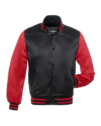 Black & Red Satin Sleeve Bomber Jacket: Front view showcasing a stylish design with black body fabric and vibrant red satin sleeves, featuring ribbed cuffs and hem.