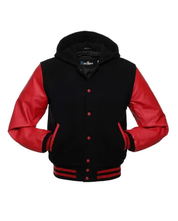 Front view of Black and Red Varsity Jacket featuring a hoodie collar, black wool body, and striking red leather sleeves.