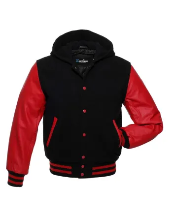 Front view of Black and Red Varsity Jacket featuring a hoodie collar, black wool body, and striking red leather sleeves.