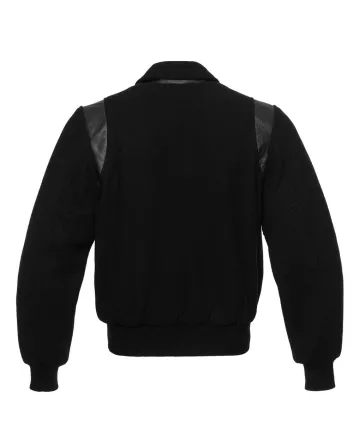 Front view of Black Retro Varsity Jacket featuring a retro collar, black wool body and sleeves, with seamless black leather shoulder inserts.