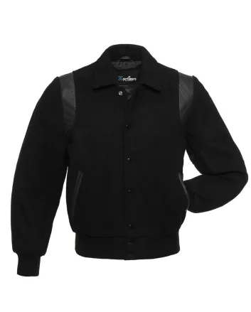 Front view of Black Retro Varsity Jacket featuring a retro collar, black wool body and sleeves, with seamless black leather shoulder inserts.