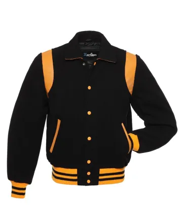 Black Retro Varsity Jacket with Gold Shoulder Inserts
