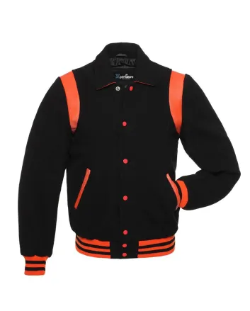 Black Retro Varsity Jacket with Orange Shoulder Inserts