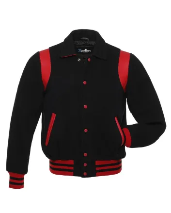 Black Retro Varsity Jacket with Red Shoulder Inserts