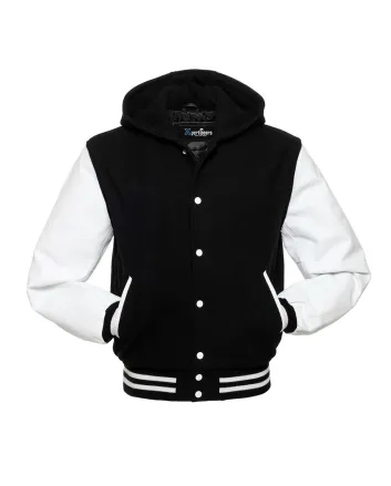Front view of Black and White Varsity Jacket featuring a hoodie collar, black wool body, and contrasting white leather sleeves.