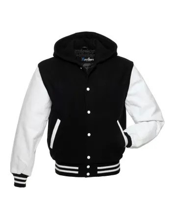 Front view of Black and White Varsity Jacket featuring a hoodie collar, black wool body, and contrasting white leather sleeves.