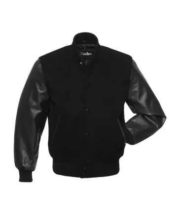 Black Wool American Varsity Jacket with Black Vinyl Sleeves