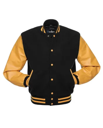 Black Wool American Varsity Jacket with Gold Vinyl Sleeves 