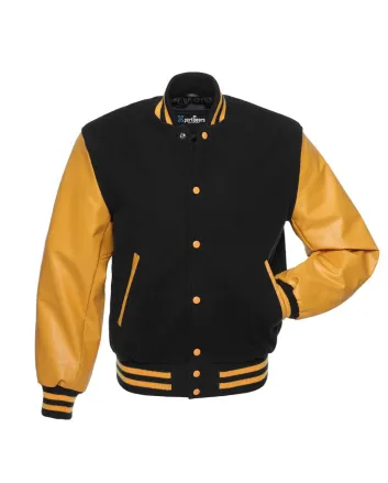 Black Wool American Varsity Jacket with Gold Vinyl Sleeves 