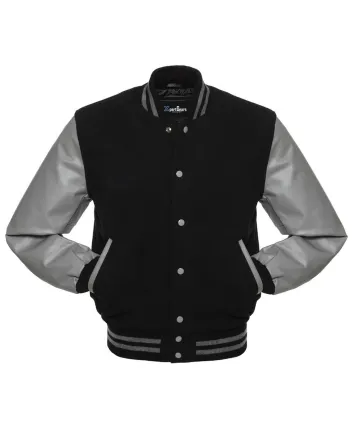 Black Wool American Varsity Jacket with Grey Vinyl Sleeves