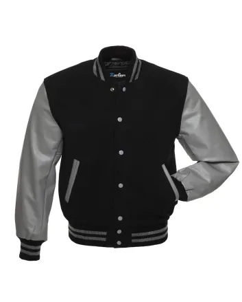 Black Wool American Varsity Jacket with Grey Vinyl Sleeves